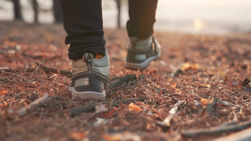 Hiking in the forest. Tourist shoes in the forest park. People travel in nature. Summer woman legs in nature park. Adventure tourist on vacation. Tourist feet in the forest park. Trekking Hiking Royalty-Free Stock Footage #1094515483