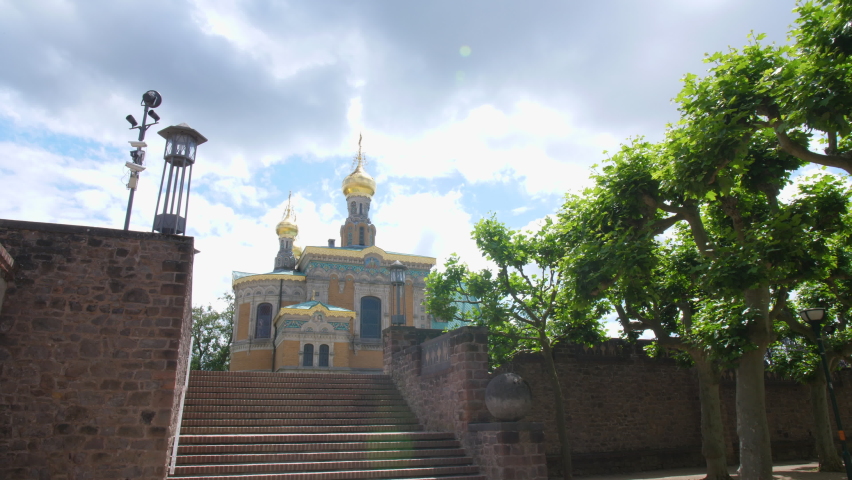 Mathildenhoehe russian orthodox chapel Darmstadt stairway sideways art nouveau steady gimbal shot 4k on a sunny day