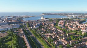Cardiff, UK: Aerial view of capital city of Wales, coastal area around Cardiff Bay - landscape panorama of United Kingdom from above