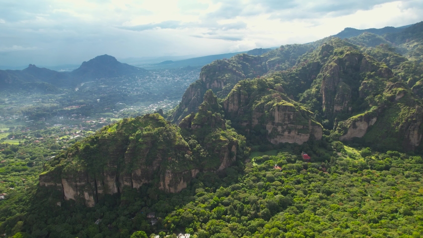 Landscape view of the Tepozteco and Tepoztlan city behind, a drone general long shot. Royalty-Free Stock Footage #1094524017