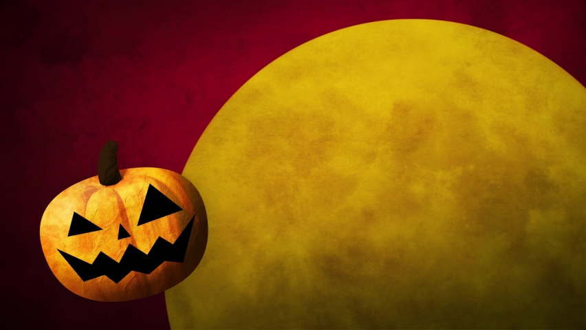 Happy Halloween, pumpkins, bats and moon on red background
