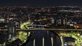Establishing Aerial View Shot of Glasgow UK, Lanarkshire, Renfrewshire, Scotland United Kingdom, at evening night, bridges of the city