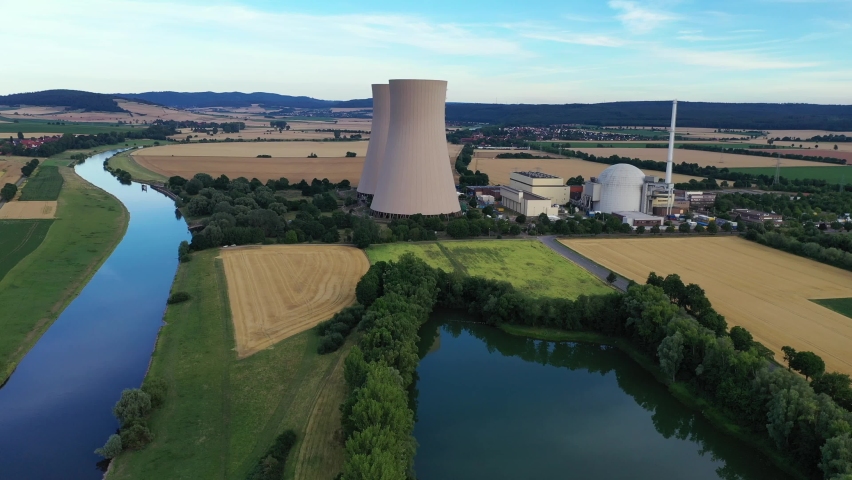 View of drone of nuclear power plant and river Royalty-Free Stock Footage #1094532819