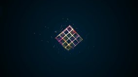 Neon color animated symbol of squares, rhombus, dots, particles. Texture maze. Rotating  cube. Rainbow glow. Energy field. Background logo, technology and business. - Powered by Shutterstock - Get 15% off with code: PIKWIZARD15