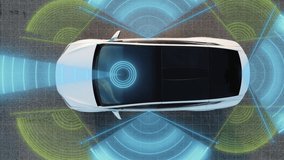 Self Driving Autopilot Car Technologies, Radar, 360, Sensor, Cameras, Laser. Artificial Intelligence Digitalizes and Analyzes Road. Sensor Scanning Road Ahead for Vehicles, Danger, Speed Limits. - Powered by Shutterstock - Get 15% off with code: PIKWIZARD15