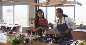 Video of happy diverse female friends preparing meal. Friendship, spending quality time together at home.