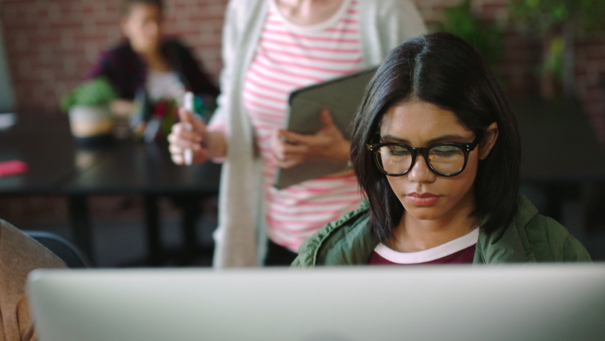 Management, analysis and tech startup office for smart staff team with pc expertise and knowledge. Advice, help and strategy from project boss in digital agency for communication and efficiency. | Shutterstock HD Video #1094546973