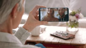 Video call, family and happy couple with engagement and proposal announcement for senior mother on the phone. Senior woman, zoom video conference screen and distance communication with 5g network