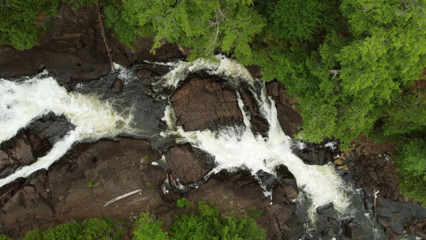 Algonquin Park, Ontario, Canada. drone shot of Oxtongue River-Ragged Falls Provincial Park on Southwest edge Algonquin. Powerful force of glacial meltwater, Gravel falls beautiful natural environment
