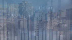 Animation of financial data processing and connections over cityscape. Global business, connections, computing, digital interface and data processing concept digitally generated video. - Powered by Shutterstock - Get 15% off with code: PIKWIZARD15
