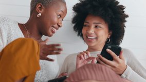 Relax friends with smartphone talking social media gossip, surfing internet or having funny conversation of meme content on app. Black people, women or gen z couple watching mobile web video online - Powered by Shutterstock - Get 15% off with code: PIKWIZARD15