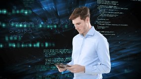 Animation of caucasian man using digital tablet over programming language, mathematical equations. Digital composite, multiple exposure, coding, physics, machine learning and technology. - Powered by Shutterstock - Get 15% off with code: PIKWIZARD15