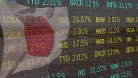 Animation of multicolored trading board over waving flag of japan and digital globe. Digital composite, multiple exposure, globalization, stock market, investment, patriotism and identity concept. - Powered by Shutterstock - Get 15% off with code: PIKWIZARD15