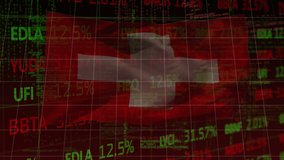 Animation of waving flag of switzerland over programming language and multicolored trading board. Digital composite, multiple exposure, stock market, investment, coding, patriotism and identity. - Powered by Shutterstock - Get 15% off with code: PIKWIZARD15