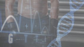 Animation of dna helix and abstract pattern over caucasian male boxer doing warmup exercise. Digital composite, multiple exposure, genetic, research, graph, athlete. Sport and healthcare concept. - Powered by Shutterstock - Get 15% off with code: PIKWIZARD15