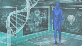 Animation of hud interface with human body, brain and dna helix over binary codes in background. Digitally generated, genetic, research, anatomy, coding and technology concept. - Powered by Shutterstock - Get 15% off with code: PIKWIZARD15