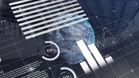 Animation of infographic interface over globe against black background. Digitally generated, hologram, globalization, report, finance, countdown, graphs and technology concept. - Powered by Shutterstock - Get 15% off with code: PIKWIZARD15