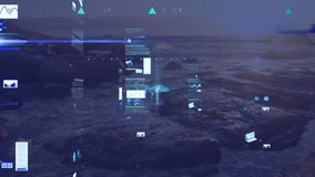 Animation of hud interface with graphs, data over view of rocky shore and sea against clear sky. Digital composite, multiple exposure, report, globalization, finance, seascape and technology concept. - Powered by Shutterstock - Get 15% off with code: PIKWIZARD15