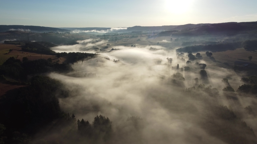 Fog in the valley of the Belgian Ardennes near Chevron, Liège. Aerial