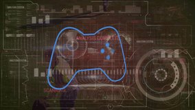 Animation of game controller with infographic interface over player doing cartwheel on ground. Digital composite, multiple exposure, report, globalization, finance, athlete, video game, competition. - Powered by Shutterstock - Get 15% off with code: PIKWIZARD15
