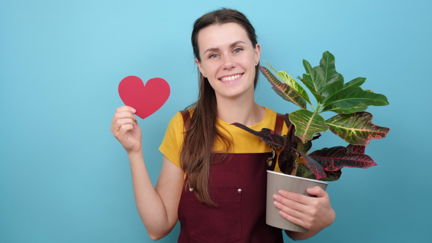 Portrait of charming young woman florist holding small red heart and green plant in flowerpot, posing isolated on blue studio background. Love for plants. Gardening, hobby gardening, home business | Shutterstock HD Video #1094569461