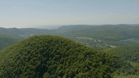 Green mountain fields. Mountain slopes covered with forest. Beautiful landscape. Drone video 4k footage