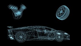 Beautiful Animated Hologram of a Virtual Modern Speeding Car of Particles and Wheel. Rotating Hologram Technology Visualization of 3D. Blue and Black Background. High quality FullHD footage - Powered by Shutterstock - Get 15% off with code: PIKWIZARD15