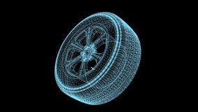 Beautiful Animated Hologram of a Virtual Machine Wheel. Rotating Hologram Technology Visualization of 3D. Blue and Black Background. High quality FullHD footage