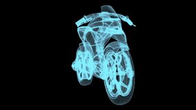 Beautiful Animated Hologram of a Virtual Modern Speeding Bike. Rotating Hologram Technology Visualization of 3D. Blue and Black Background. High quality FullHD footage