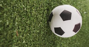 Vertical video of soccer ball lying on sport field. Sport, soccer, competition and active lifestyle video.