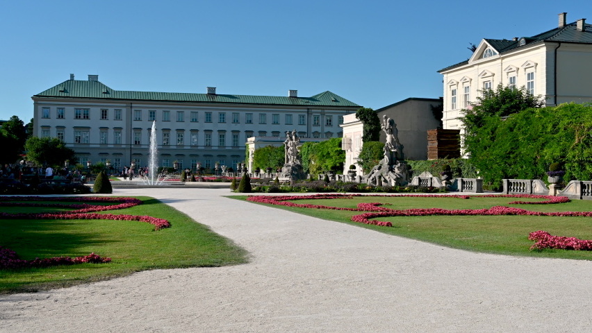 Salzburg, Austria, August 2022. Enchanting daytime footage of the Mirabell Palace Gardens.