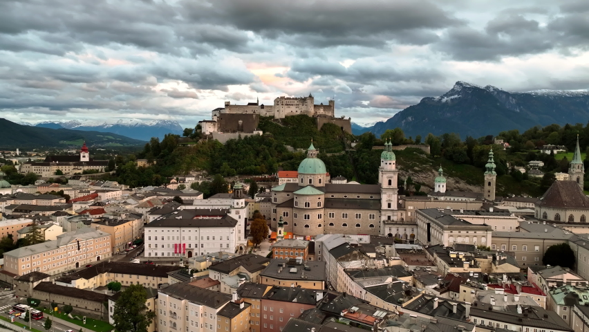aerial view Salzburg Austria skyline of Salzburg castle river old town in 4k after sunset