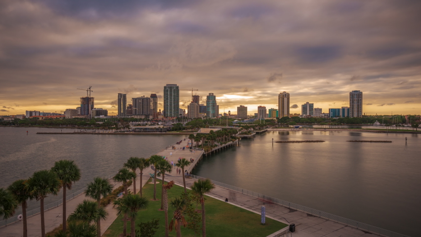 St. Pete, Florida, USA downtown city skyline from the pier at dusk.