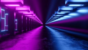 3d animation, futuristic conceptual world. City night with street lighting, tunnel abstract, glowing background, neon lights, technology. 4k video, cycled render loop, movement motion, modern design.