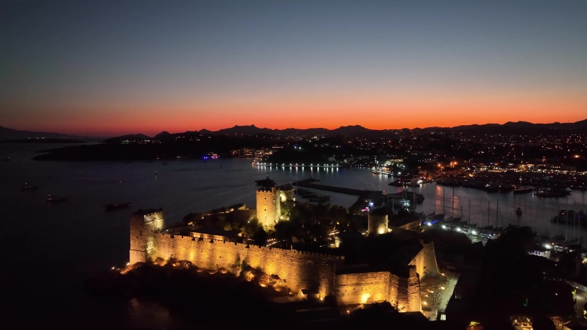 Bodrum Castle in the Sunset Lights Drone Video, Bodrum Mugla, Turkey Royalty-Free Stock Footage #1094603125