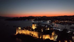 Bodrum Castle in the Sunset Lights Drone Video, Bodrum Mugla, Turkey