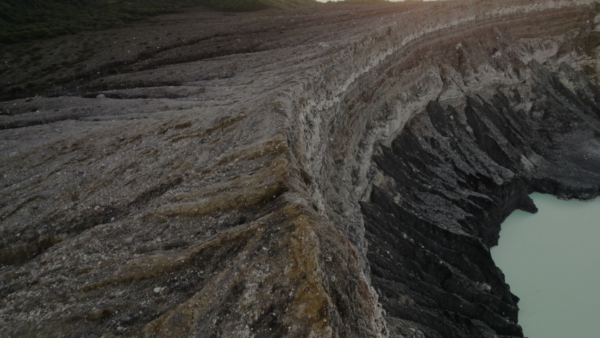Drone flight along rim of stratovolcano Volcan Poas, Costa Rica
