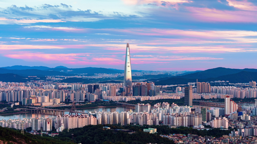 Zoom in,Timelapse 4K Colorful evening sky in the capital of Seoul,South korea. | Shutterstock HD Video #1094612837