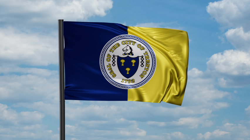 Trenton city of United State flag waving in the wind on blue sky. Looped video 