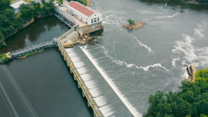 Aerial view Kilbourn Dam in Wisconsin Dells. Hydroelectric power station on the river.