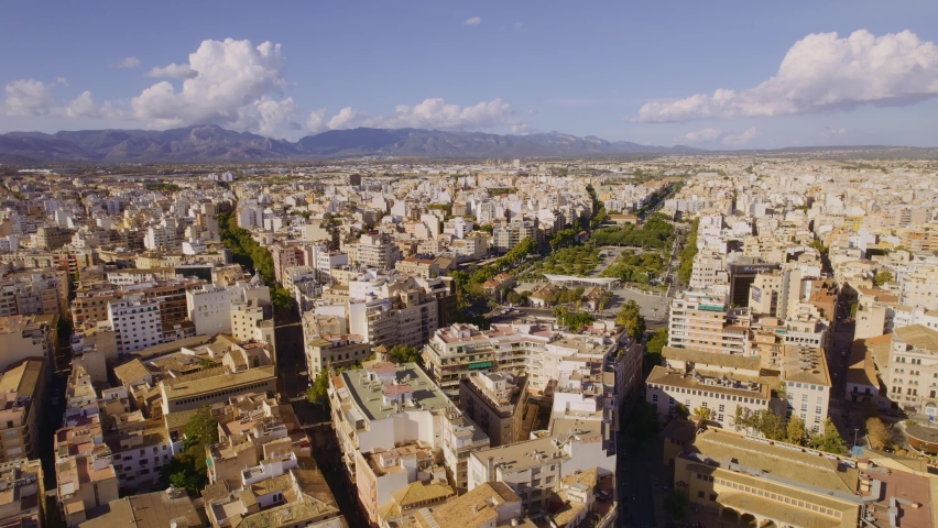 Aerial panoramic view over the city of Palma de Mallorca, Illes Balears, Spain. Cinematic 4K Royalty-Free Stock Footage #1094627541