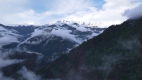 Drone Shot of a cloudy Sainj Valley in Himachal Pradesh near Manali, Kasol