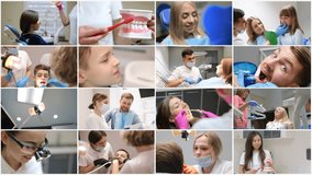Video collage, a dentist doctor discusses a dental restoration and treatment plan with a patient.