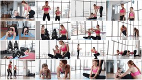 Video collage, set of fitness exercises, young mother helps her daughter with exercises in the gym