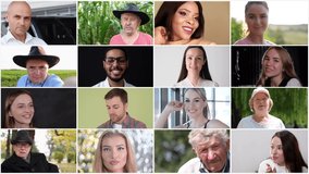 Collage of different races of people in video, they are smiling in a frame, collage of portraits of people.