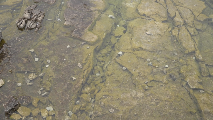 Tilt up  down of water  rocky shoreline at Georgen bay