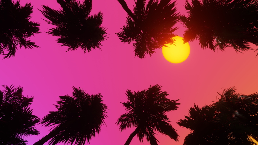 Movement through palm alley bottom view of coconut palm trees in sunset. 3d Synthwave animated background. Seamless loop. Royalty-Free Stock Footage #1094634021