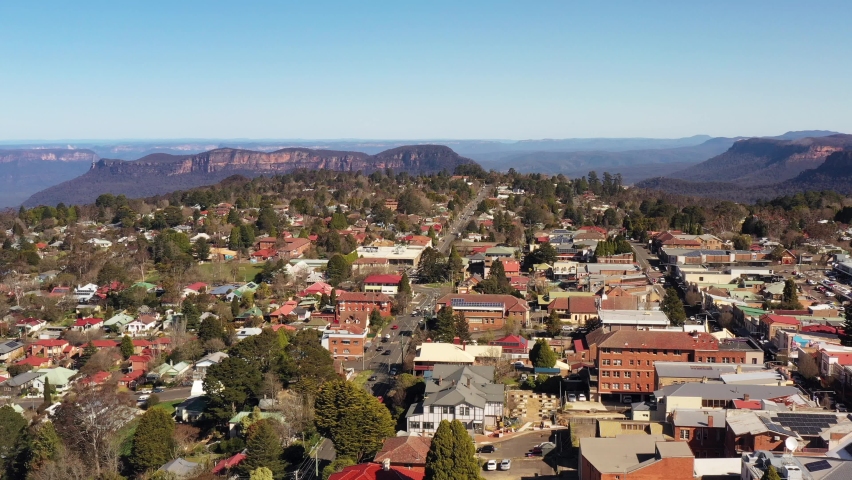 Downtown aerial flying over Katoomba streets in Blue Mountains as 4k.
