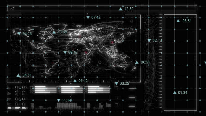 Animation of floating icons, digital clock, programming language, grid pattern over digital map. Digitally generated, hologram, geography, time, countdown, coding and technology concept. - Powered by Shutterstock - Get 15% off with code: PIKWIZARD15