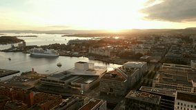 Aerial footage beautiful sunset Downtown Oslo Norway